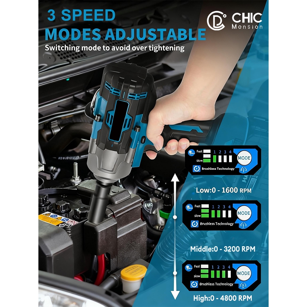 CHIC Electric Impact Wrench Cordless Heavy Duty Original Power Tools 1980VF/1280VF Brushless Ratchet — view 8