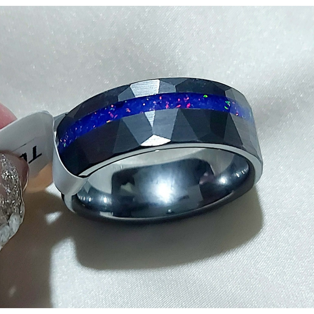 Tungsten Ring Size 9 | Black Faceted Band with Blue Opal Inlay | Lifetime Quality product photo 2