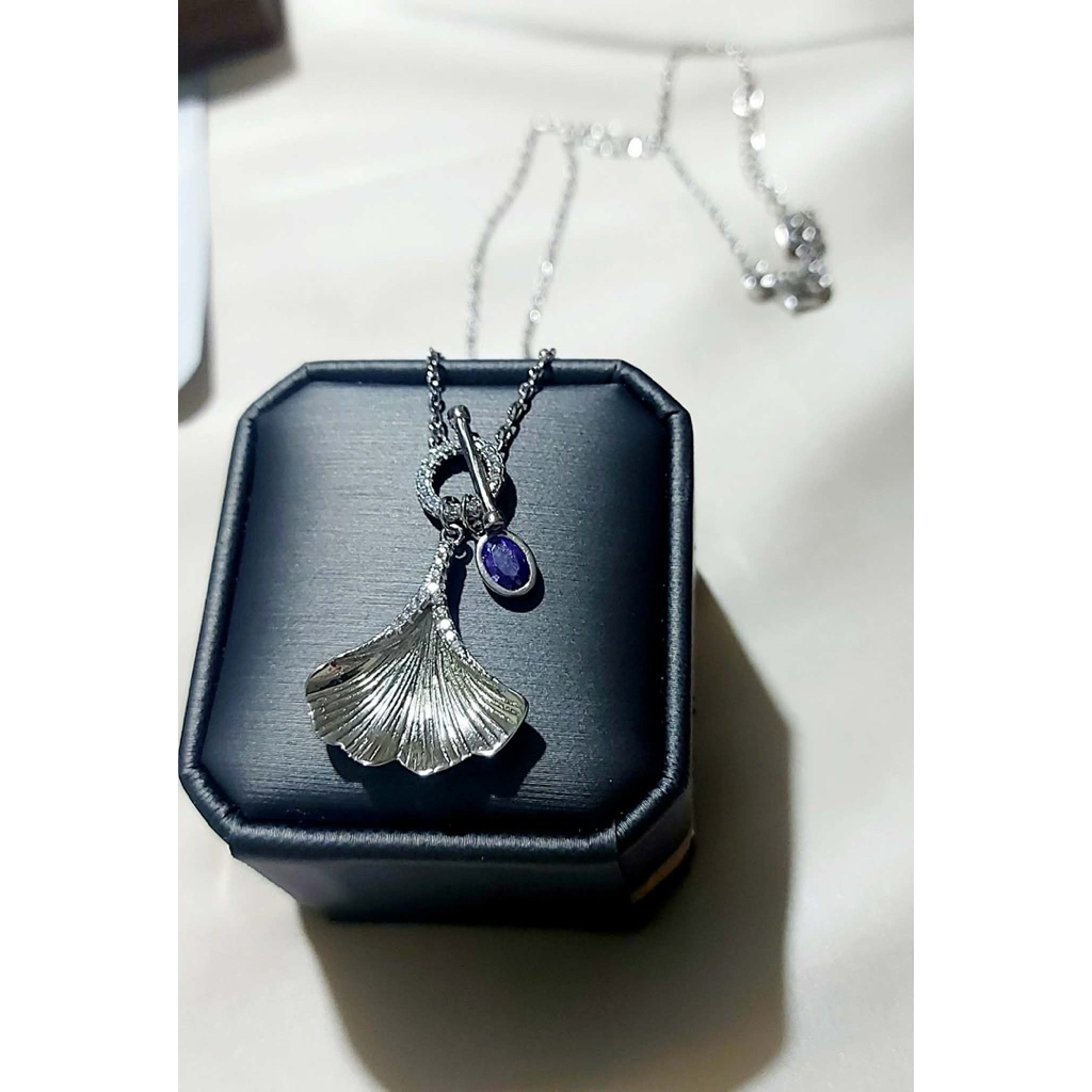 Elegant Ginkgo Leaf Pendant Necklace | Purple Swarovski Accent | Platinum Setting product photo 5