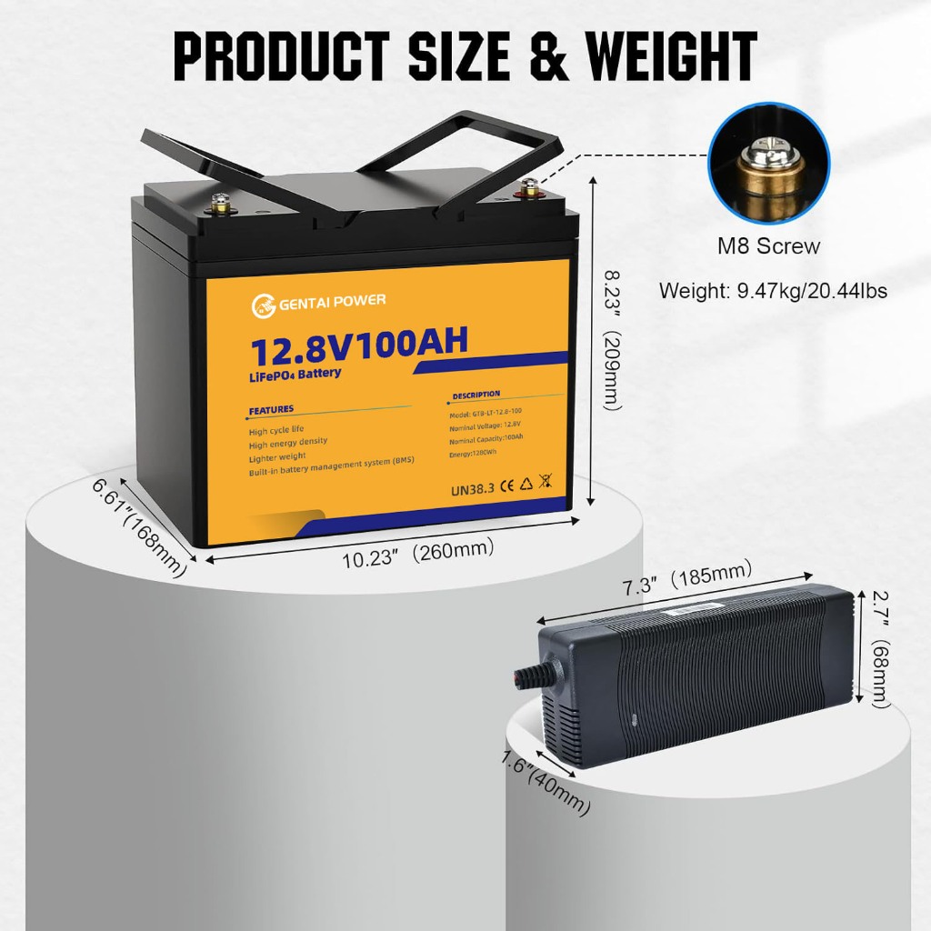 GENTAI  12V 100AH LiFePO4 Lithium Battery Max.1280Wh Energy, Group 24, Built-in 100A BMS — view 2