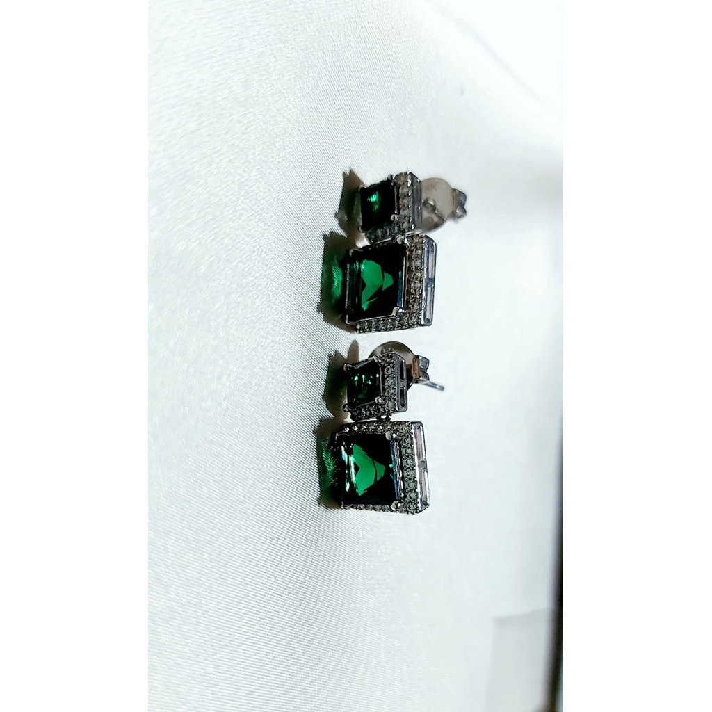 2 Square Emerald Green Drop Earrings with Diamonds – Platinum Vermeil product photo 5