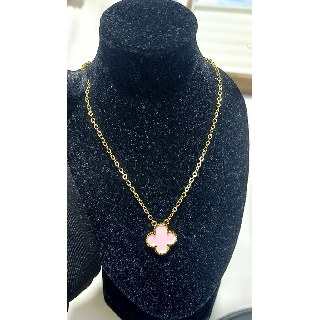 Pink Enamel Clover Necklace | Yellow Gold Setting | Adjustable 16–18 Inches product photo 2