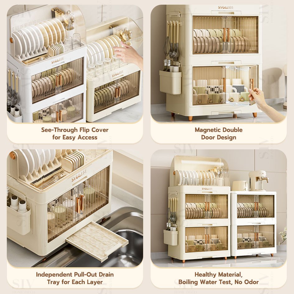 SIV Plastic Dish Cabinet Foldable Dish Drainer Drying Rack Aesthetic With Cover For Plates Bowls - Image 6