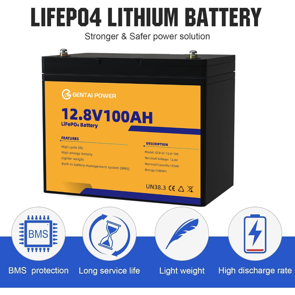 GENTAI  12V 100AH LiFePO4 Lithium Battery Max.1280Wh Energy, Group 24, Built-in 100A BMS — view 7