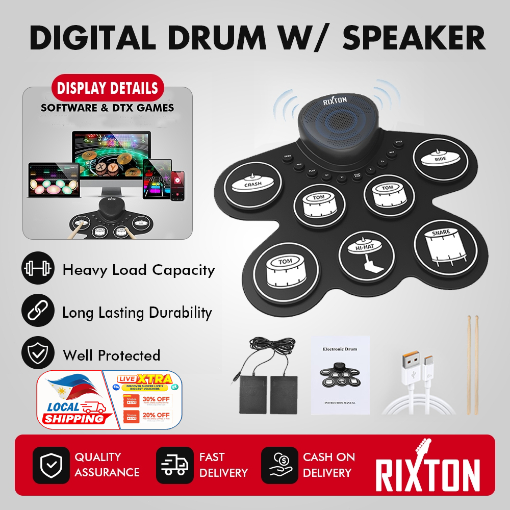 RIXTON Portable Electronic Drum Digital Roll-up Digital Drum Set Silicone Electric Drum Pad Kit
