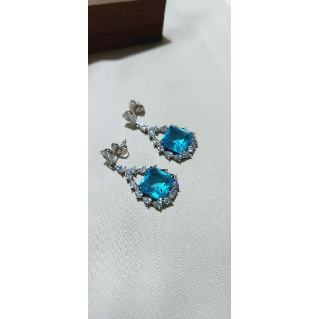 Square Blue Drop Earrings with Diamonds – Platinum Vermeil product photo 3