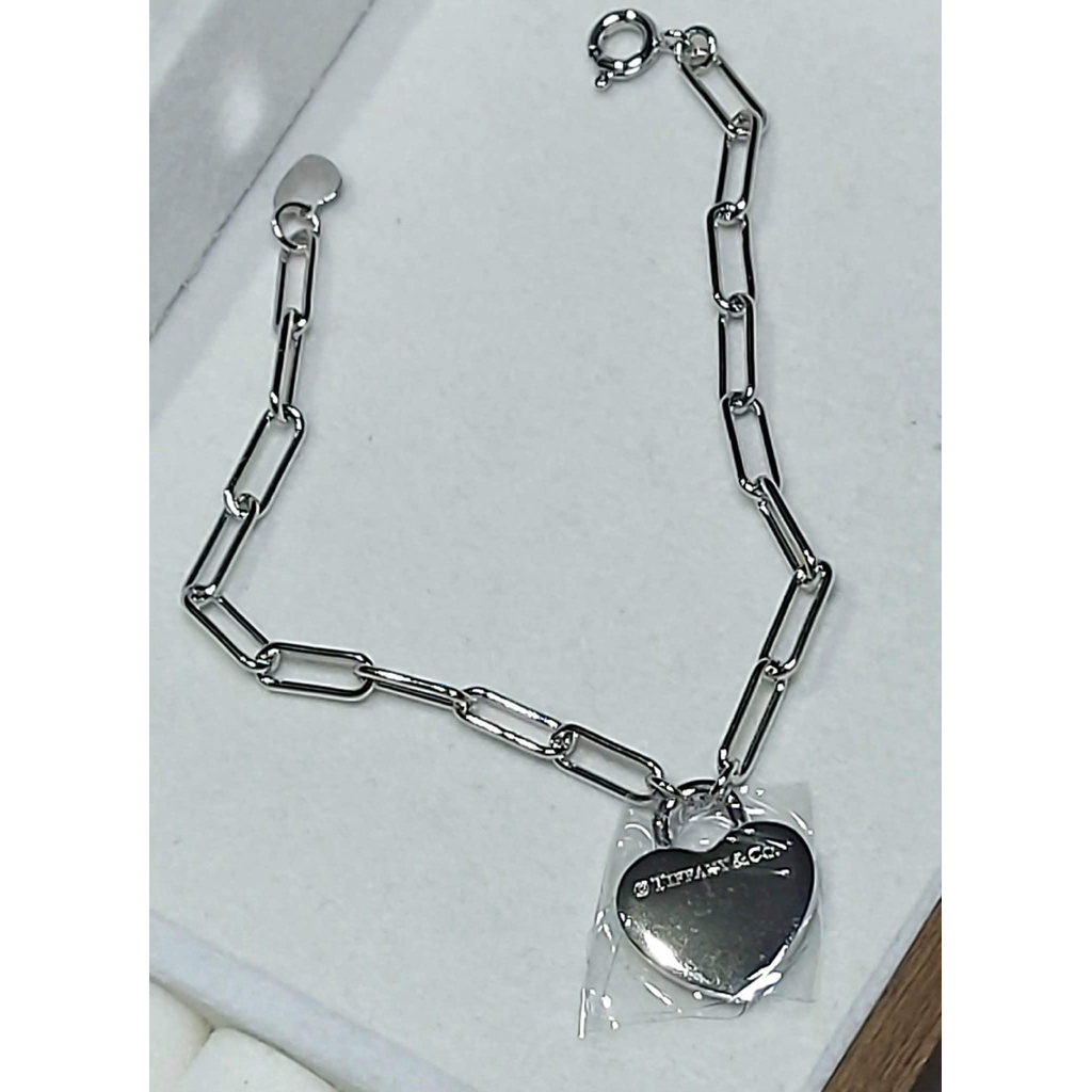 Heart Tag Paperclip Chain Bracelet | Platinum Setting | Adjustable Length