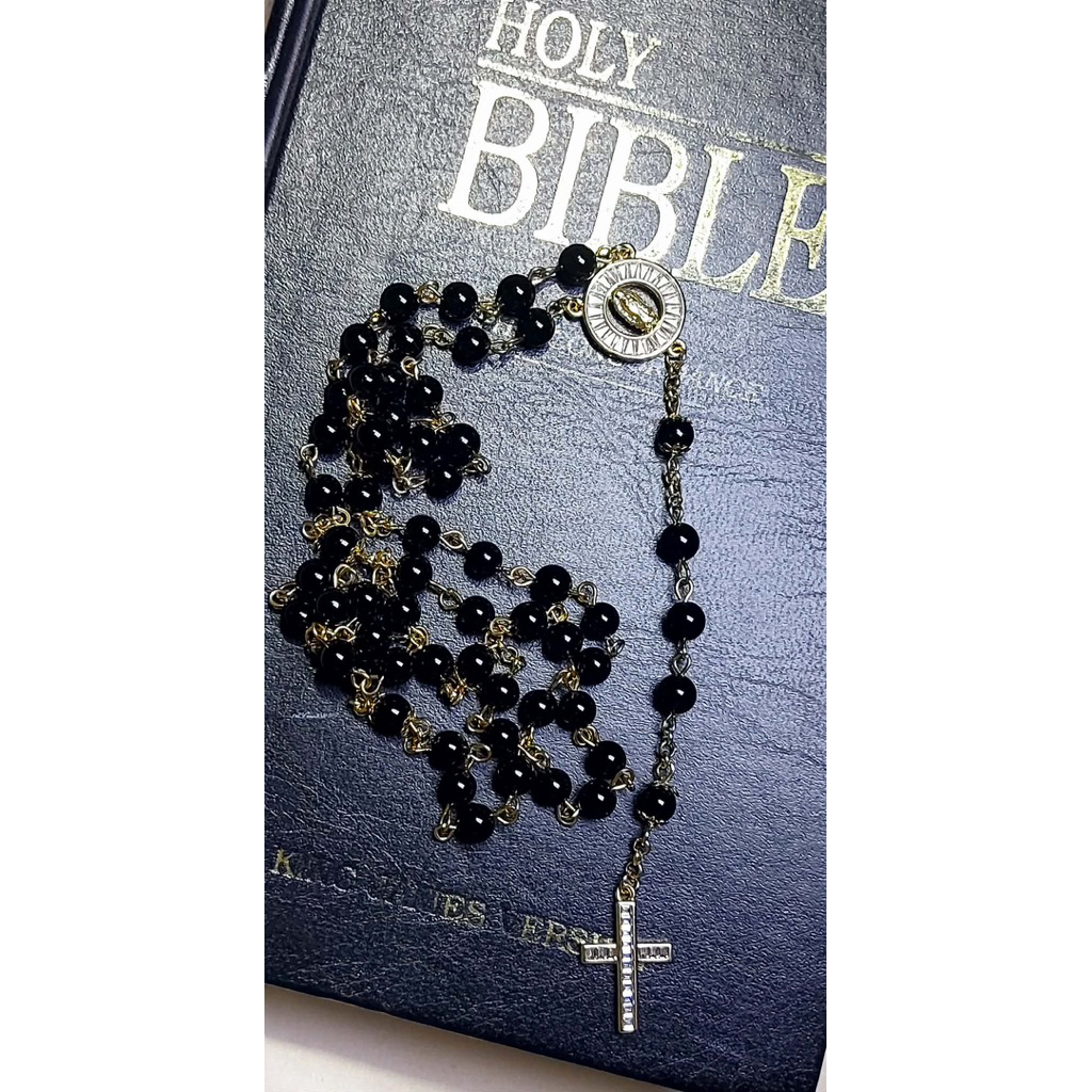 Sacred Heart Rosary Scapular Necklace | Authentic Black Onyx | Diamond Accent Cross