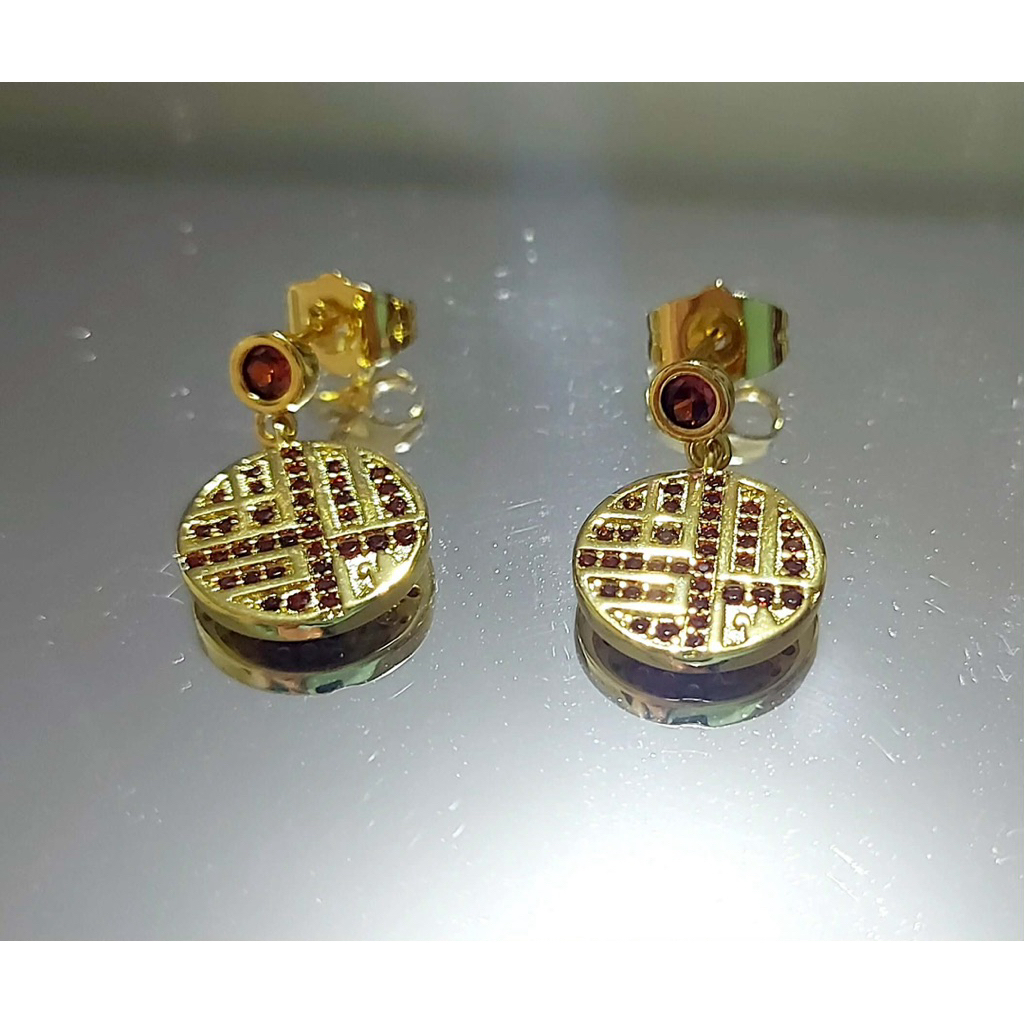Chinese Lucky Coin Drop Earrings with Swarov Crystals | Yellow Gold Setting product photo 3