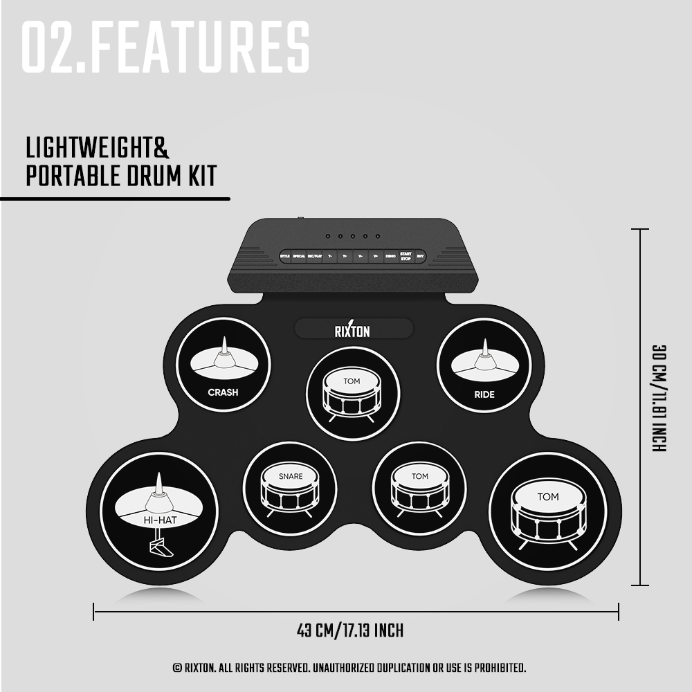 RIXTON Portable Electronic Drum Digital Roll-up Digital Drum Set Silicone Electric Drum Pad Kit - Image 7