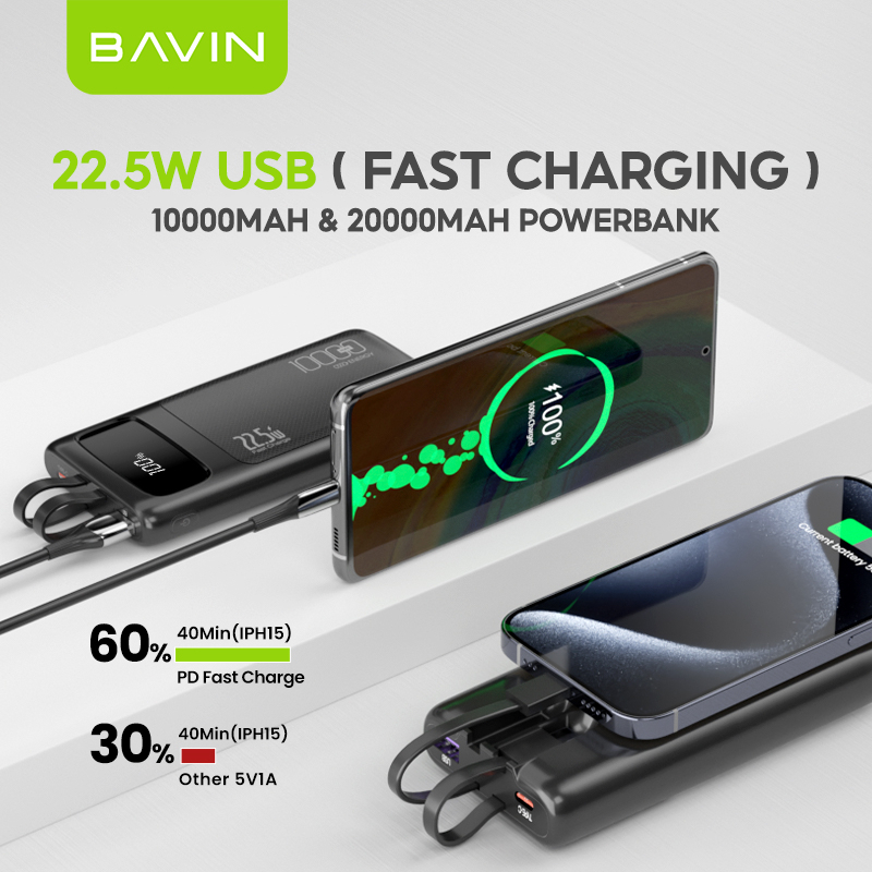 BAVIN PC008Pro 10000mAh/PC007Pro 20000mAh 22.5W Fast Charging Powerbank w/LED Display&Built-in Cable - Image 3