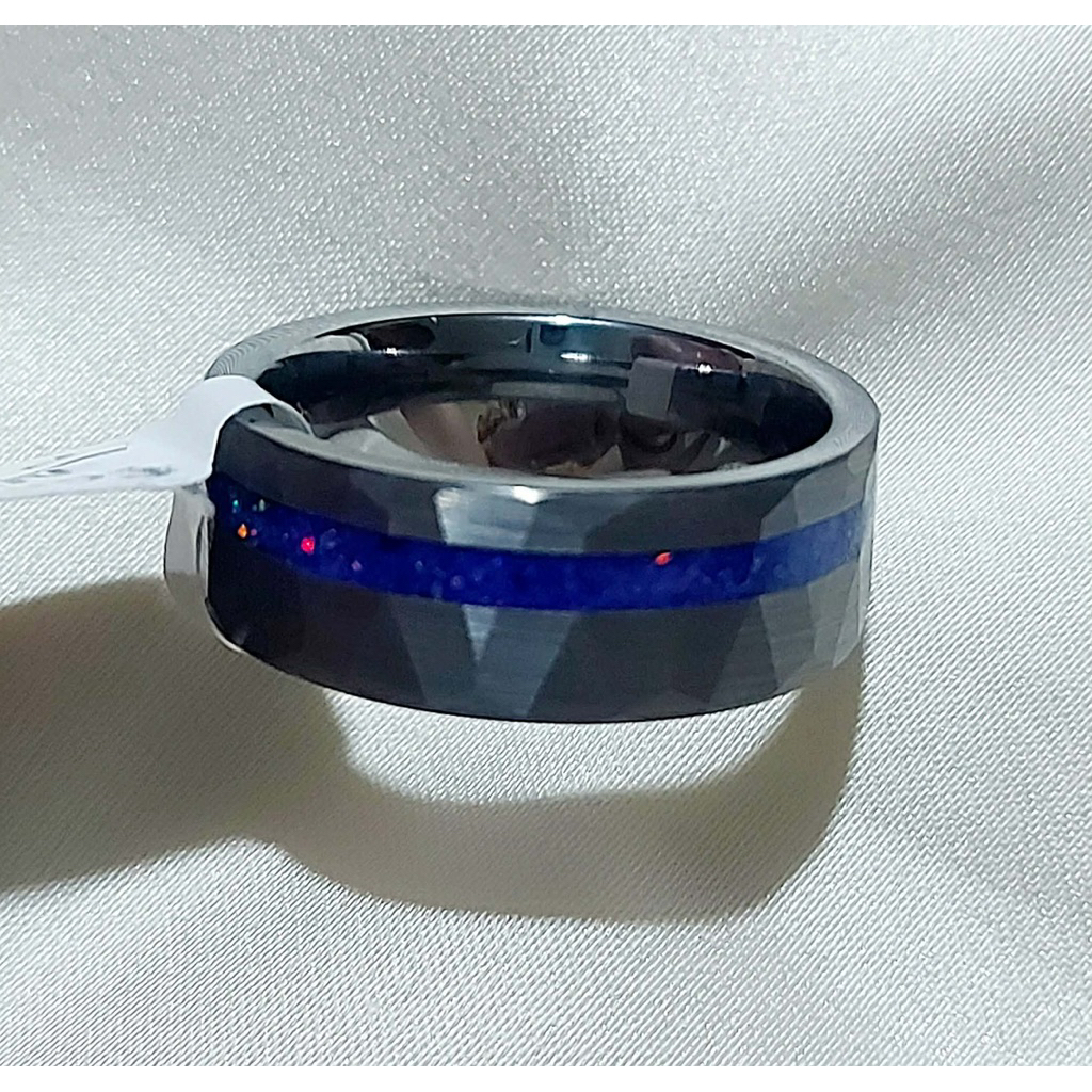 Tungsten Ring Size 9 | Black Faceted Band with Blue Opal Inlay | Lifetime Quality product photo 4