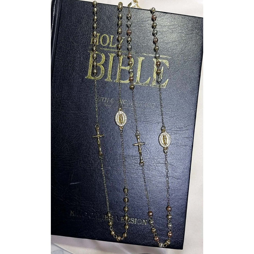 Rosary Necklace with Mother Mary & Crucifix | Tricolor & Yellow Gold Setting
