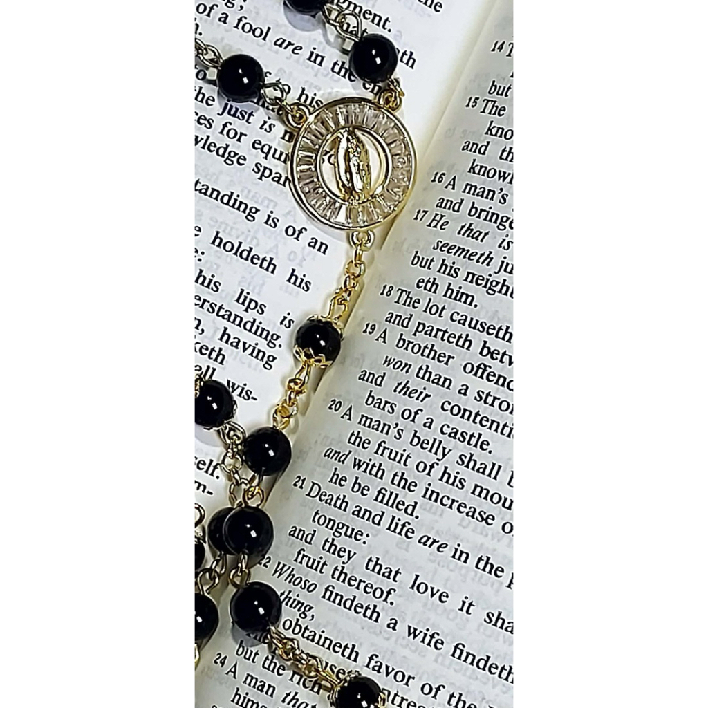 Sacred Heart Rosary Scapular Necklace | Authentic Black Onyx | Diamond Accent Cross product photo 3