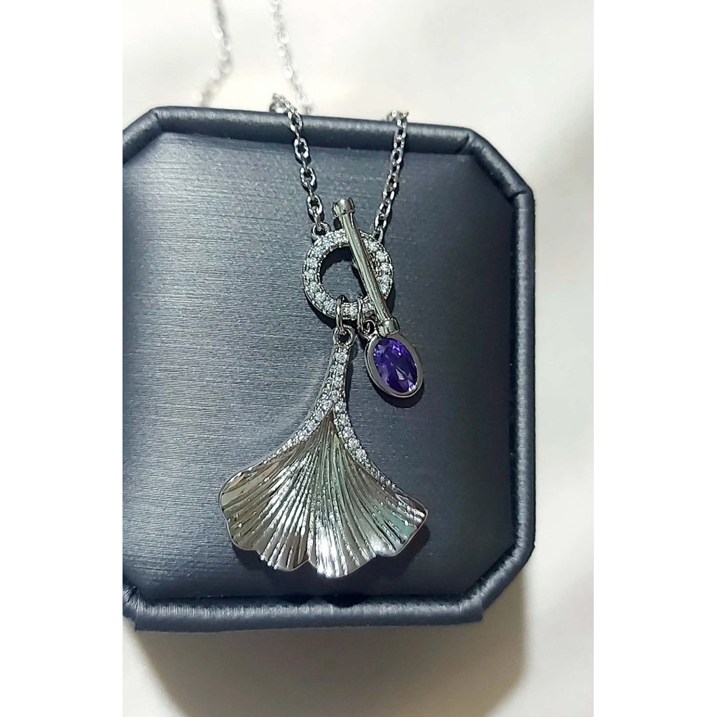 Elegant Ginkgo Leaf Pendant Necklace | Purple Swarovski Accent | Platinum Setting