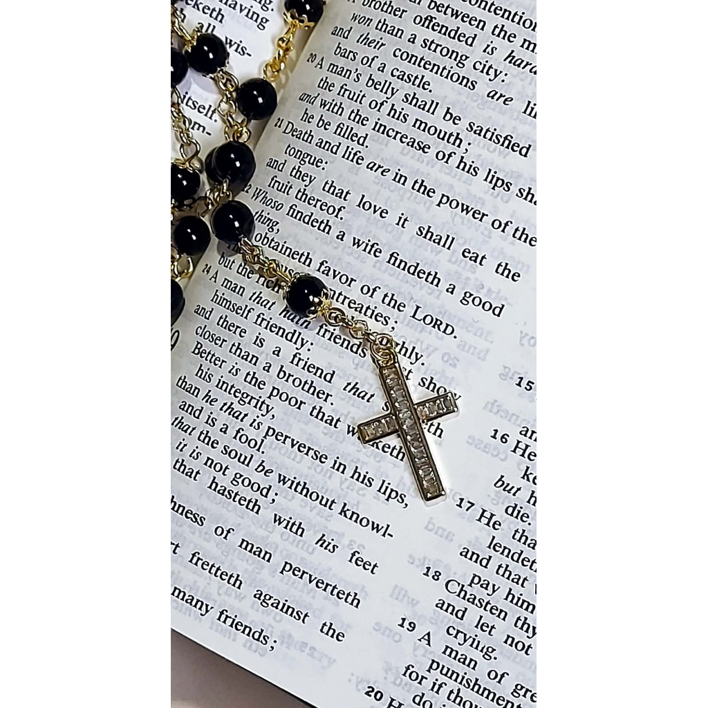 Sacred Heart Rosary Scapular Necklace | Authentic Black Onyx | Diamond Accent Cross product photo 2