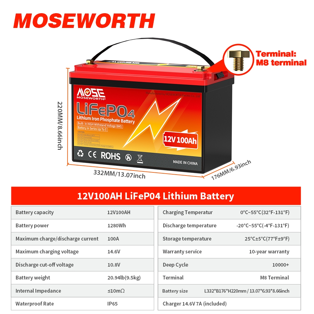 12V 100Ah LiFePO4 Lithium Battery, Group 31 Lithium Iron Phosphate 15000+ Deep Cycles & 10-Year Life — view 3
