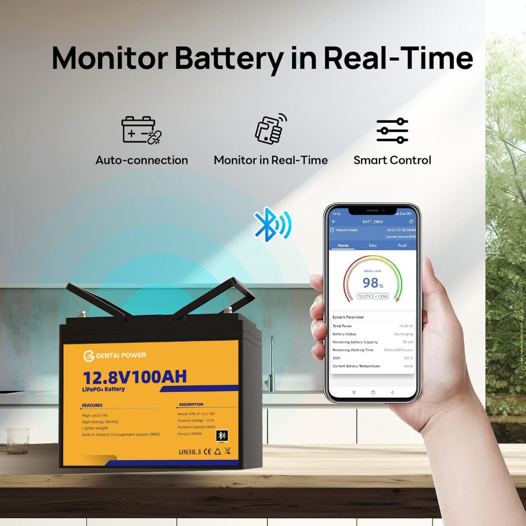 GENTAI  12V 100AH LiFePO4 Lithium Battery Max.1280Wh Energy, Group 24, Built-in 100A BMS — view 8