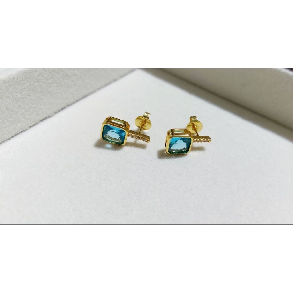 Square cut Aquamarine Drop Earrings w/dia. product photo 4