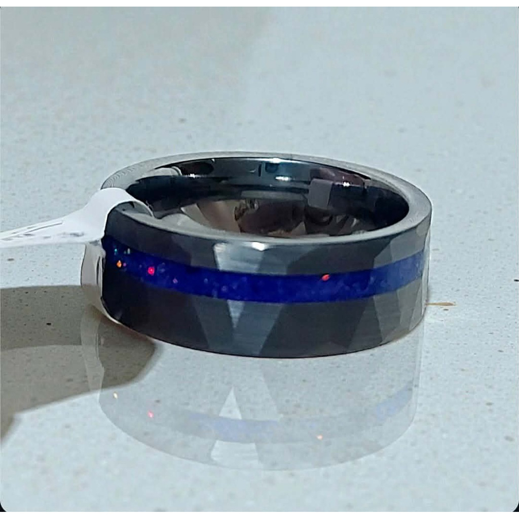 Tungsten Ring Size 9 | Black Faceted Band with Blue Opal Inlay | Lifetime Quality product photo 1