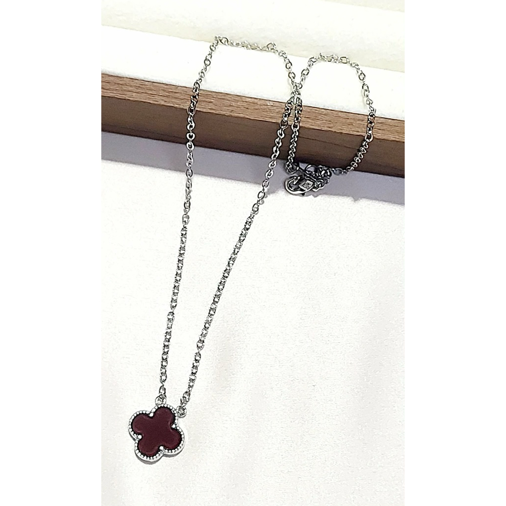 Single Clover Necklace | Maroon Stone | Platinum Setting | Elegant Minimalist Piece product photo 3