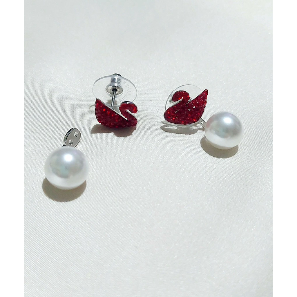 Swarovski Swan Stud Earrings with Pearl Option – Platinum Vermeil product photo 1