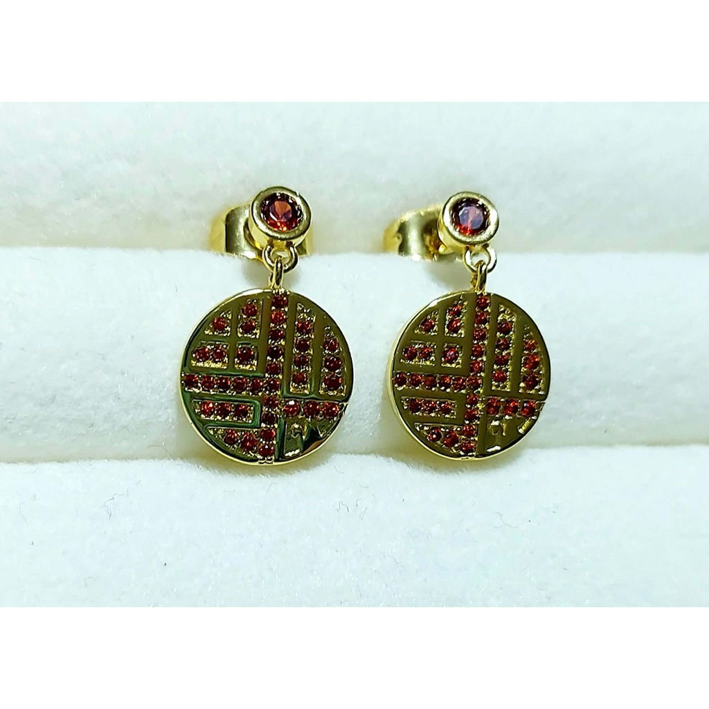 Chinese Lucky Coin Drop Earrings with Swarov Crystals | Yellow Gold Setting product photo 1