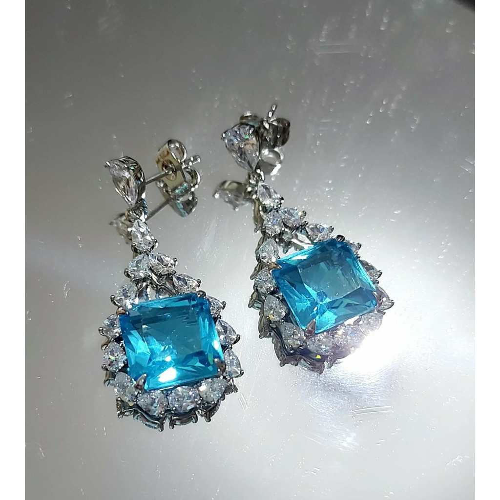 Square Blue Drop Earrings with Diamonds – Platinum Vermeil product photo 5