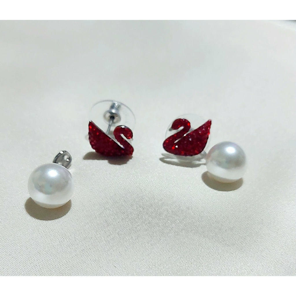 Swarovski Swan Stud Earrings with Pearl Option – Platinum Vermeil product photo 2