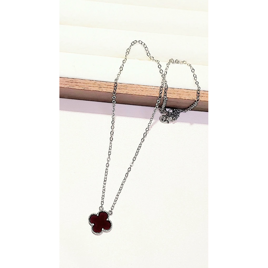Single Clover Necklace | Maroon Stone | Platinum Setting | Elegant Minimalist Piece product photo 2