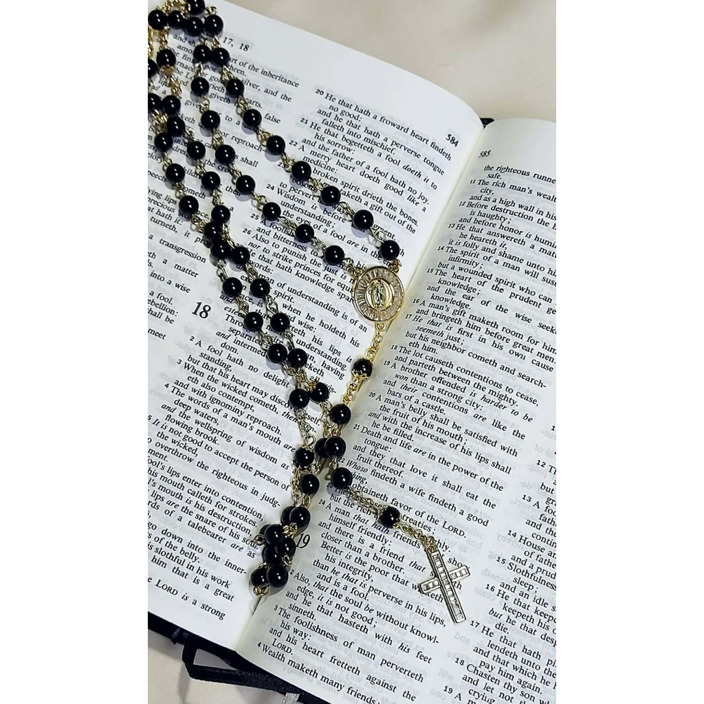 Sacred Heart Rosary Scapular Necklace | Authentic Black Onyx | Diamond Accent Cross product photo 4