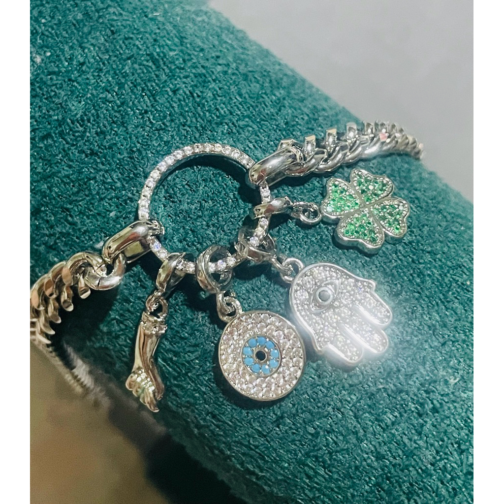 Charm bracelet with hamsa hand & anti evil eye etc. in platinum settings product photo 2