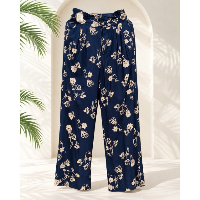 NAVY FLORAL MID-HIGH WAIST WIDE-LEG PANTS product photo 3