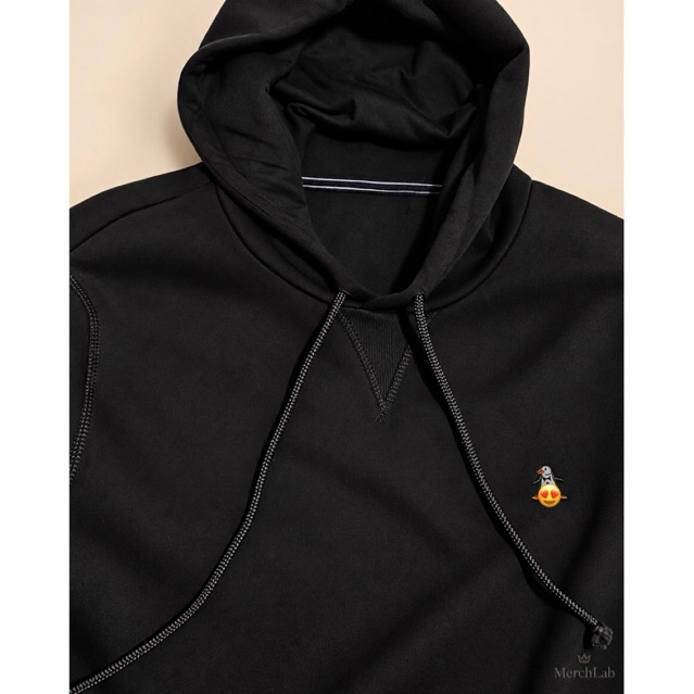 Pullover Hoodie | Black with Signature Bird Embroidery | Striped Ribbed Hem product photo 4