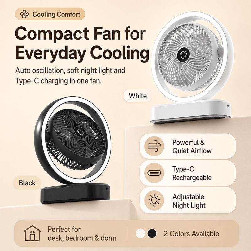 2 in 1 Desk Fan Mini Fan with light Rechargeable USB Small Desk Fan 120 Degree Rotation Strong Wind — view 7