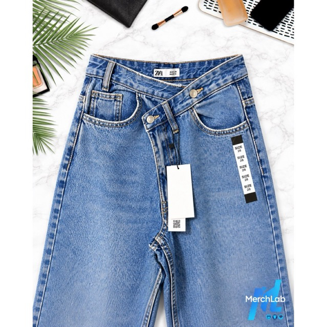 z@r@ Asymmetrical Flare Denim Jeans | Light Wash Blue | Wide-Leg Cut | Size 27-28 product photo 2