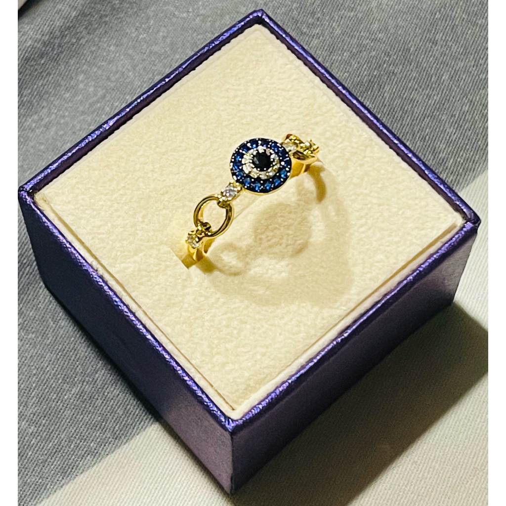Anti Evil Eye Ring with blue Sapphire & Diamond Accents | Yellow Gold Setting | Size 9 product photo 5