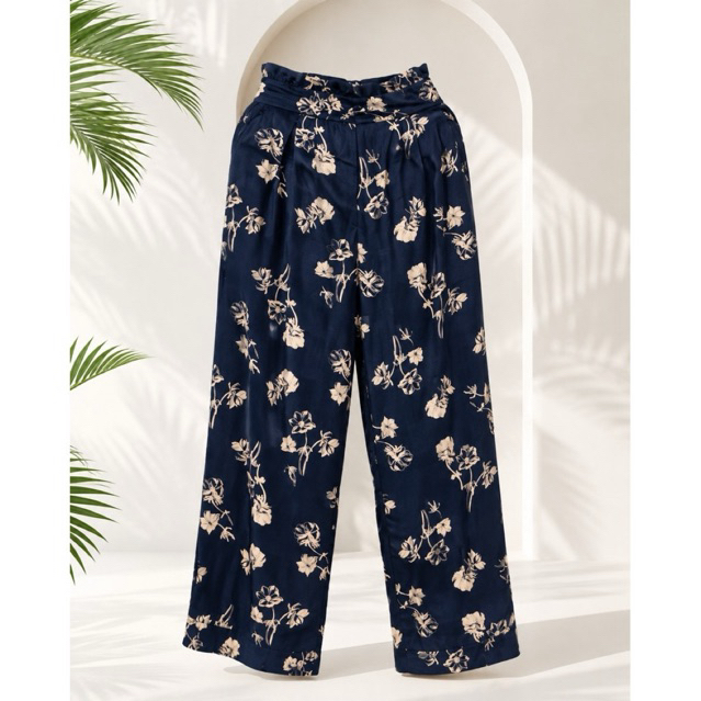 NAVY FLORAL MID-HIGH WAIST WIDE-LEG PANTS