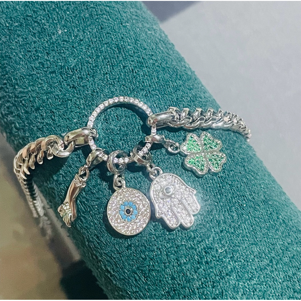 Charm bracelet with hamsa hand & anti evil eye etc. in platinum settings product photo 4