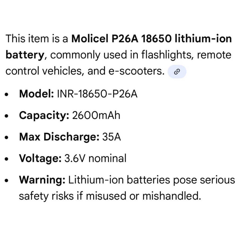 Refurbish True Rated INR18650P26a (35amp discharge)(2600-2700mah) (MOLICEL) Sold 10pcs per 1 Set — view 2