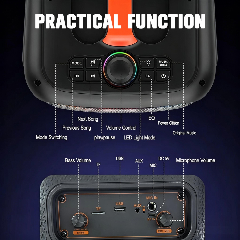Super Bass Portable 6.5 inch 40w 12000 PMPO Karaoke Bluetooth 5.4 Speaker RGB With Dual Wireless Mic — view 6