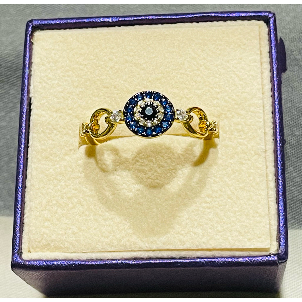 Anti Evil Eye Ring with blue Sapphire & Diamond Accents | Yellow Gold Setting | Size 9 product photo 1