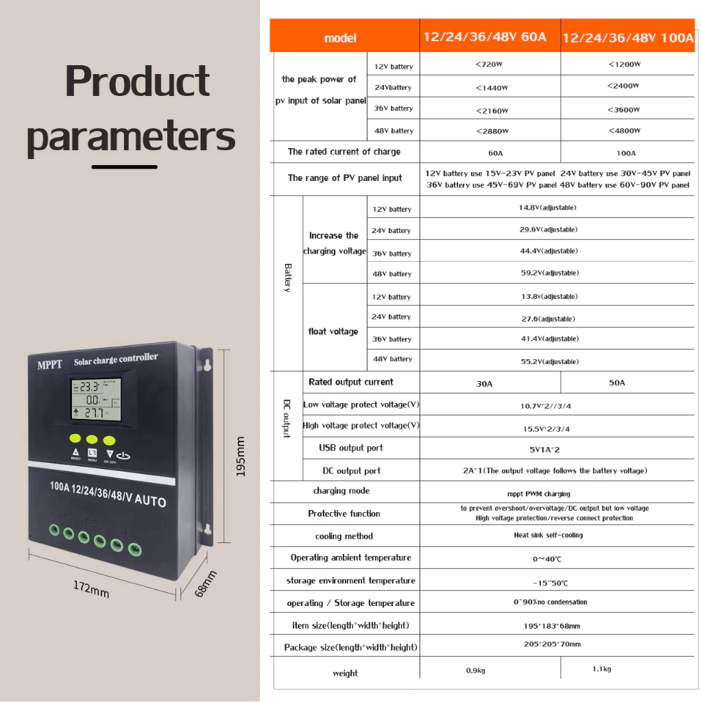 MPPT Solar Charge Controller 30A-100A, 12V-48V with LCD, Auto Battery Charger — view 5