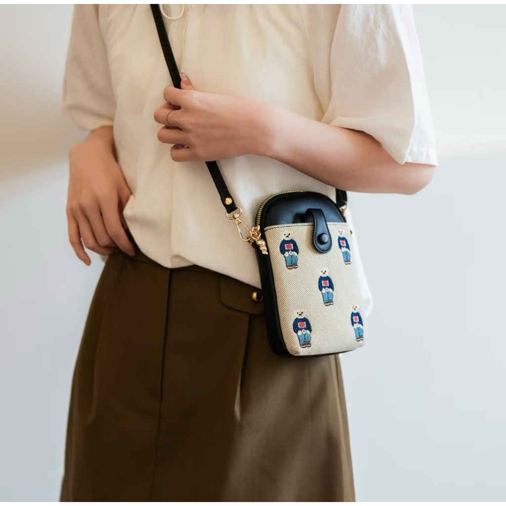 Women’s Cellphone Sling Bag | Canvas & Leather | Mini Crossbody Bag | Cute Bear Print product photo 3