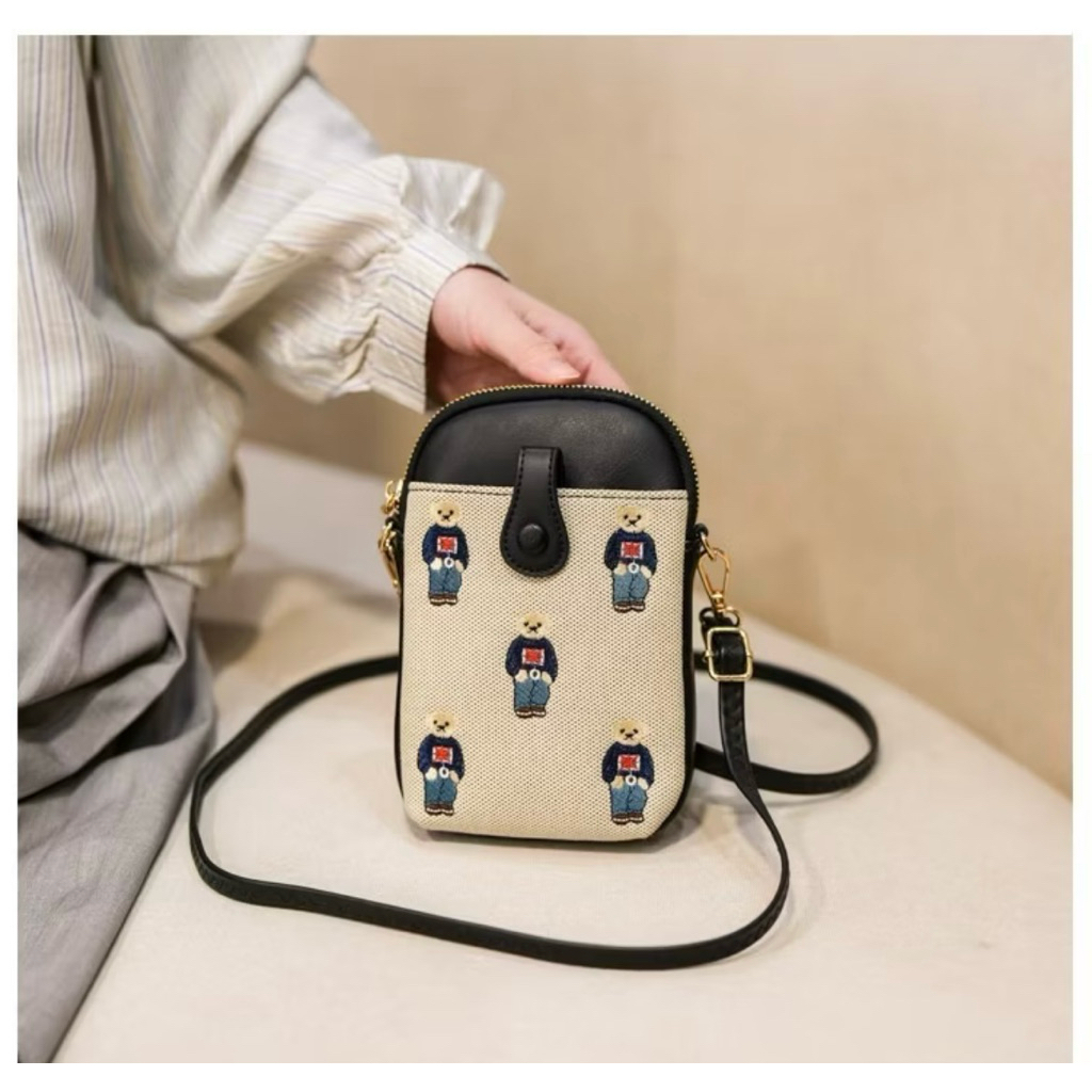 Women’s Cellphone Sling Bag | Canvas & Leather | Mini Crossbody Bag | Cute Bear Print product photo 2