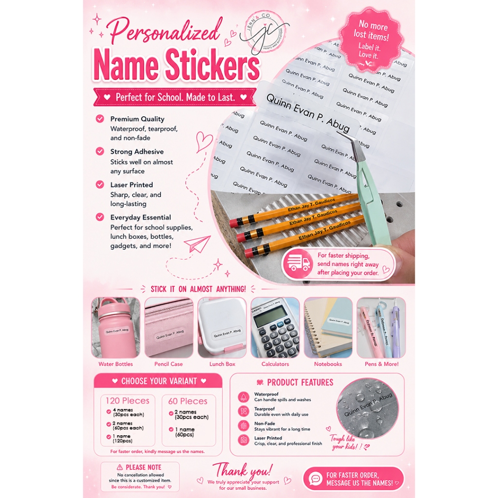 Personalized Transparent Name Stickers (60 / 120 pcs)