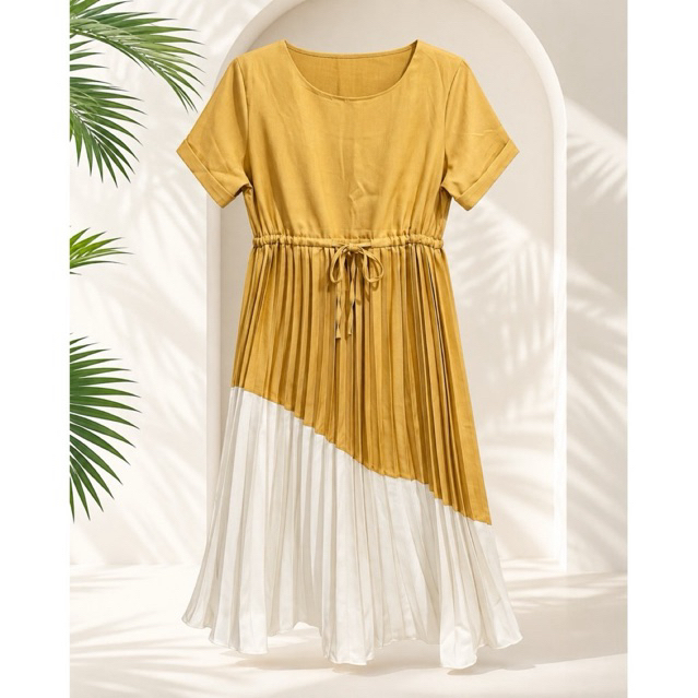 MUSTARD & IVORY PLEATED DRESS product photo 1