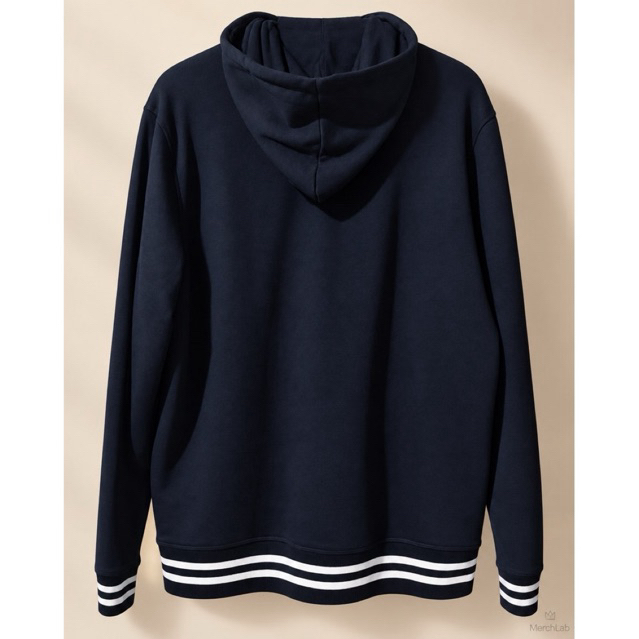 Pullover Hoodie | Black with Signature Bird Embroidery | Striped Ribbed Hem product photo 2