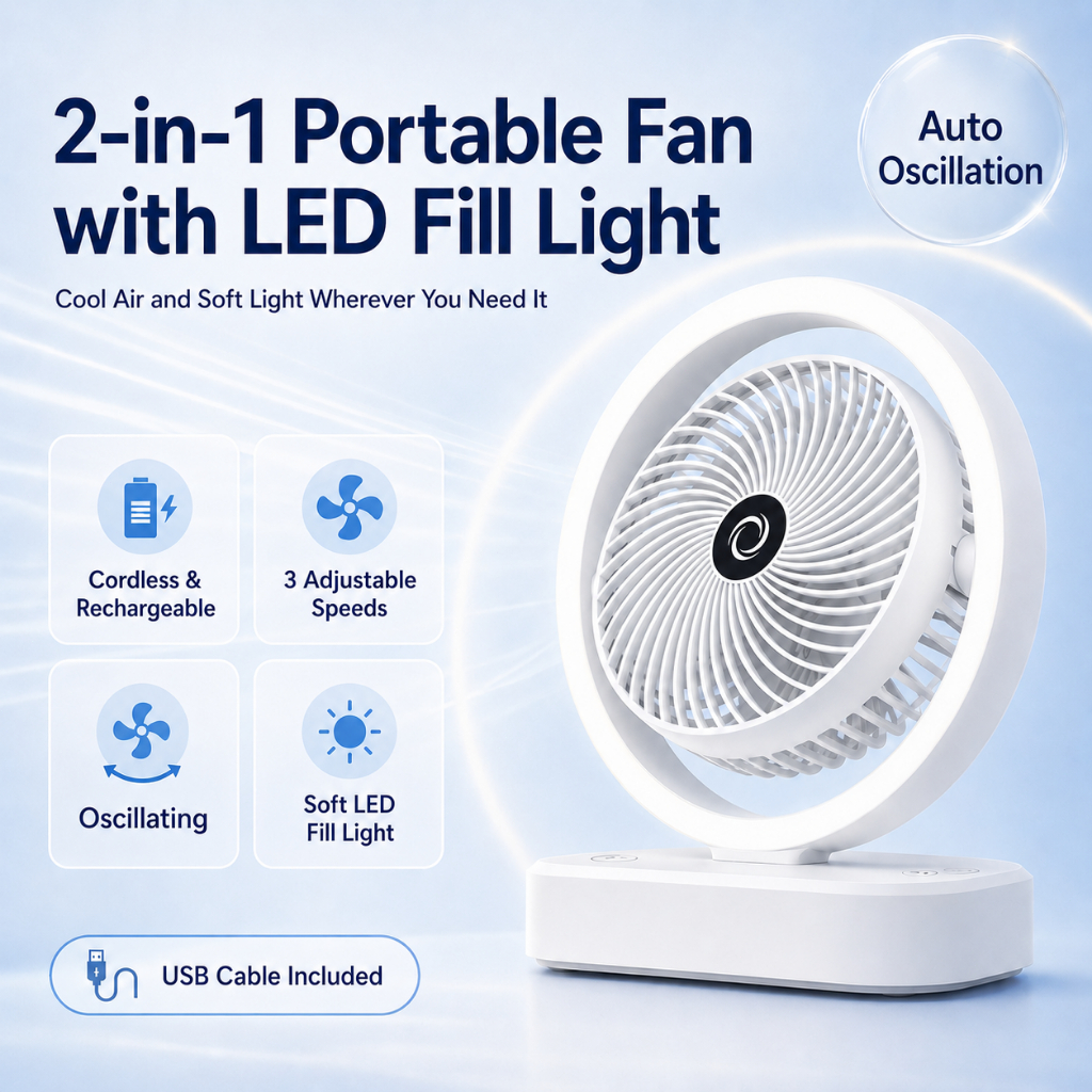 2 in 1 Desk Fan Mini Fan with light Rechargeable USB Small Desk Fan 120 Degree Rotation Strong Wind