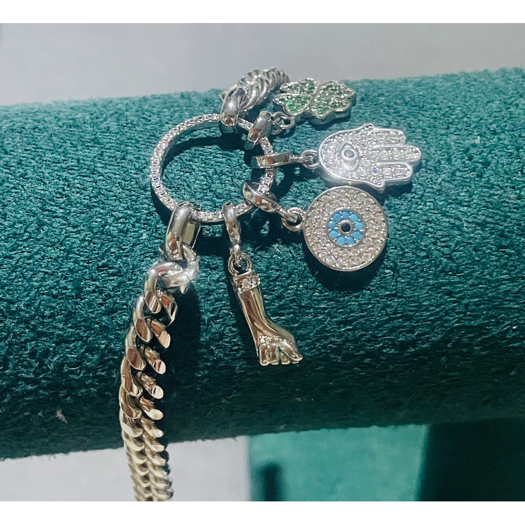 Charm bracelet with hamsa hand & anti evil eye etc. in platinum settings product photo 3